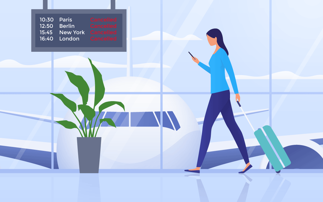 Frau Am Flughafen fragt sich: Alle Flüge gecancelled, was sind meine Rechte bei Annullierung meines Fluges