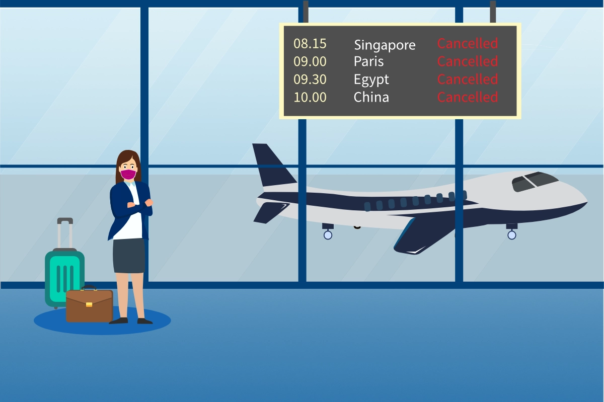 Geschäftsfrau ärgert sich am Flughafen über annullierten Flug. Außen fliegt ein Flugzeug vorbei