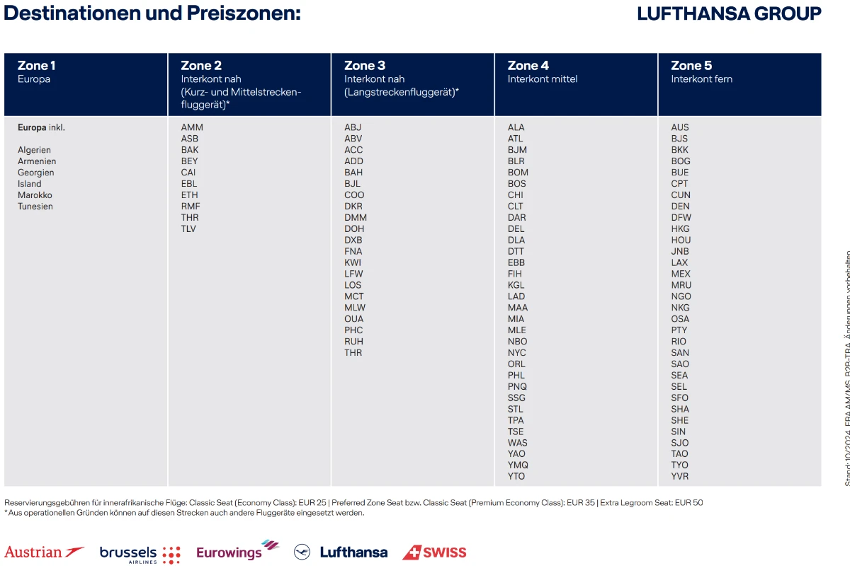 Seite 2 der Tabelle mit neuen Preisen der Lufthansa für Sitzplatzreservierungen, gültig ab 01.10.2024