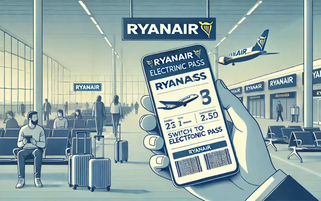 Ryanair E-Ticket auf dem Handy am Flughafen vor den Schaltern, die bald verschwinden werden