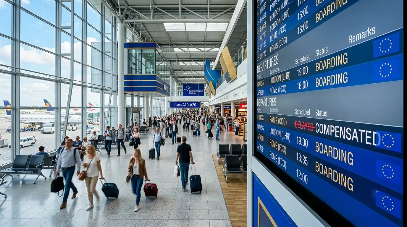 Flughafen, Anzeigetafel zeigt Verspätungen und sonstige Flugdaten, viele Menschen am Flughafen, froh darüber, dass die Reform nicht zum Nachteil für sie ausgegangen ist